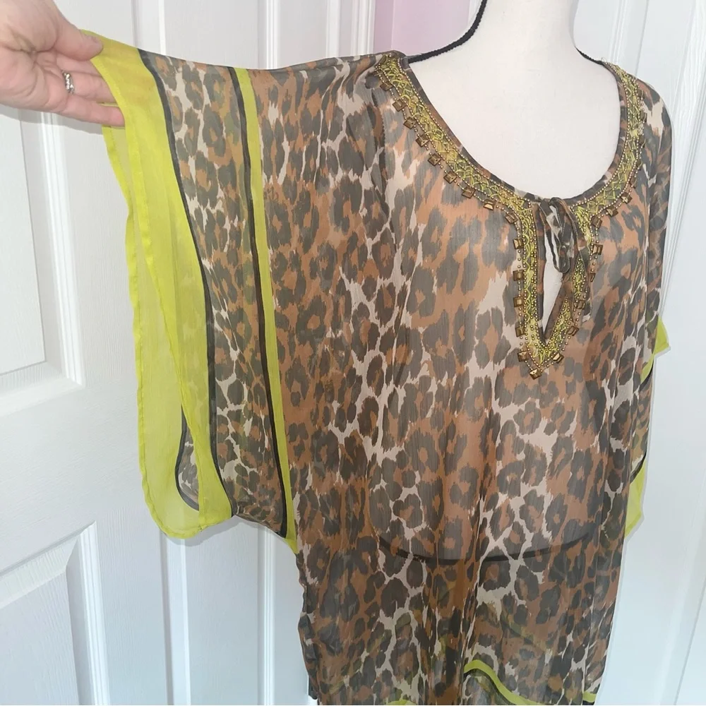 NWT Theodora Callum key lime brown leopard pattern swim cover up, one size - Picture 3 of 13